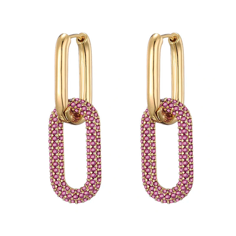 Gold Geometric Oval & Rectangle Hoop Earrings - Elegant Zircon Wedding Jewelry for Women