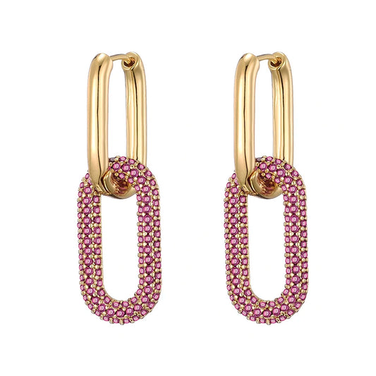 Gold Geometric Oval & Rectangle Hoop Earrings - Elegant Zircon Wedding Jewelry for Women