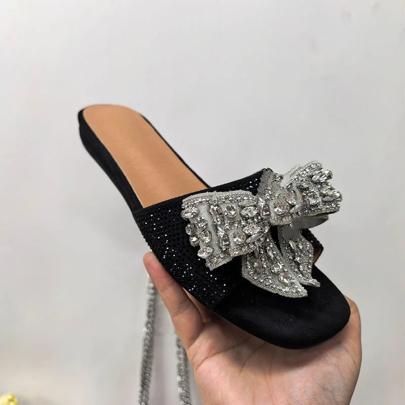 Women’s Rhinestone Flat Slippers - Peep Toe Square Toe Slip-On Sandals with Metal Decoration