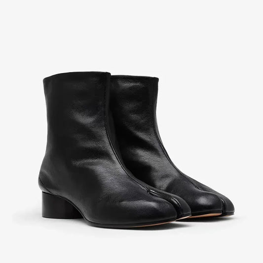 Luxury Designer Women’s Ankle Boots - Genuine Leather Split-Toe Booties with Chunky Silver Heels