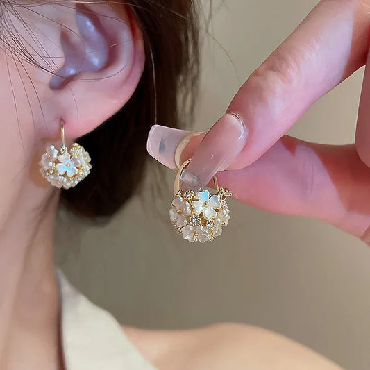 Korean Vintage Pearl & Crystal Earrings - Luxury Zircon Flower, Butterfly & Leaf Studs for Women