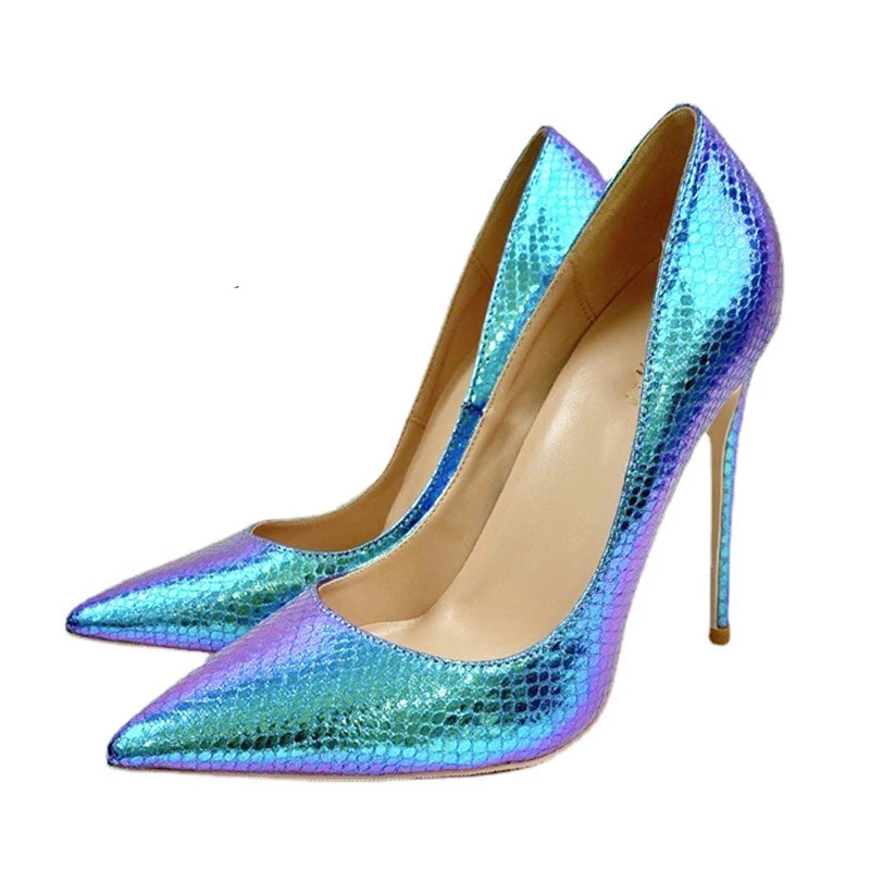 Women’s Glossy Leather Stiletto Pumps - Pointed Toe, Holographic Snake Print