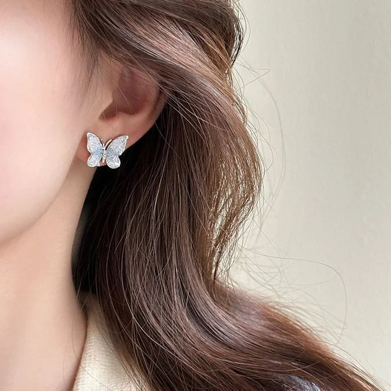 Silver Crystal Flower & Butterfly Stud Earrings - Elegant Luxury Jewelry for Women, Perfect for Weddings