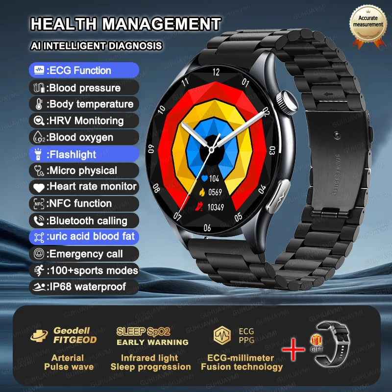 Premium NFC Health Smartwatch - ECG & PPG Monitoring, Blood Pressure, Blood Oxygen, Uric Acid Analysis, Men & Women