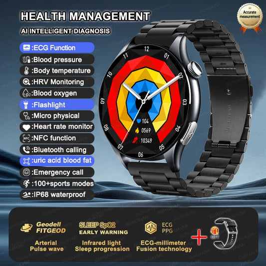 Premium NFC Health Smartwatch - ECG & PPG Monitoring, Blood Pressure, Blood Oxygen, Uric Acid Analysis, Men & Women