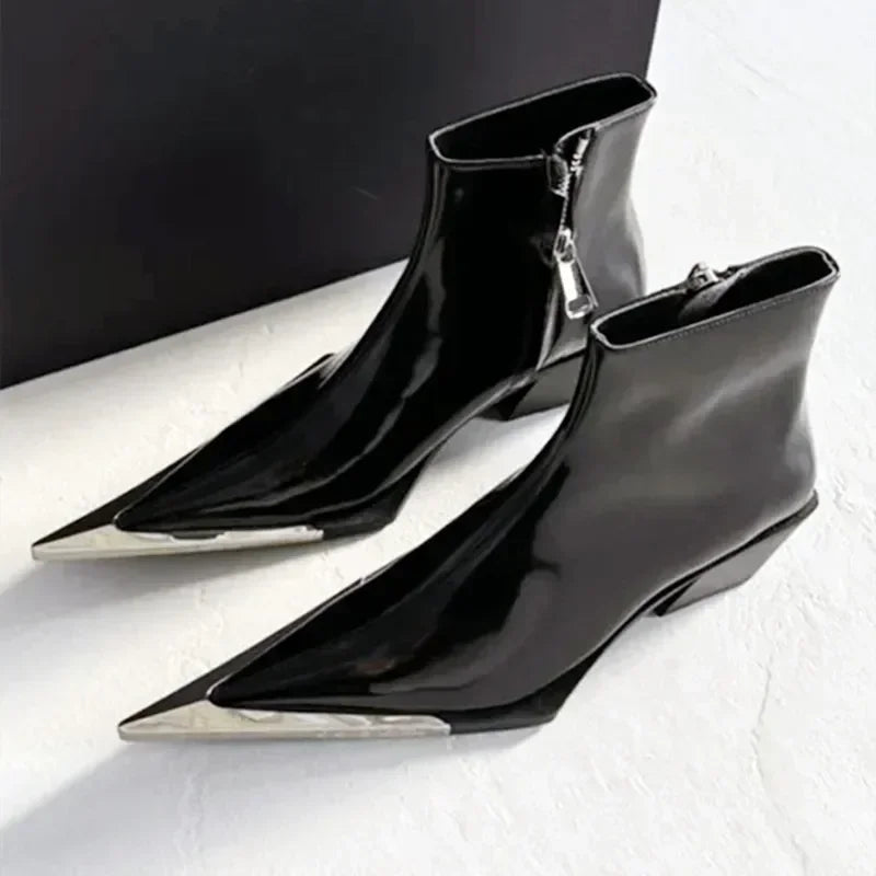 Luxury Designer Chelsea Boots for Women - Pointed Toe Black Ankle Boots with Chunky High Heel & Metal Toe Decoration