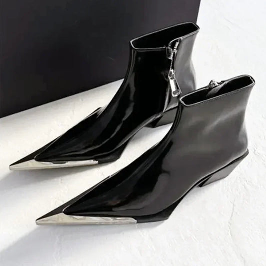 Luxury Designer Chelsea Boots for Women - Pointed Toe Black Ankle Boots with Chunky High Heel & Metal Toe Decoration