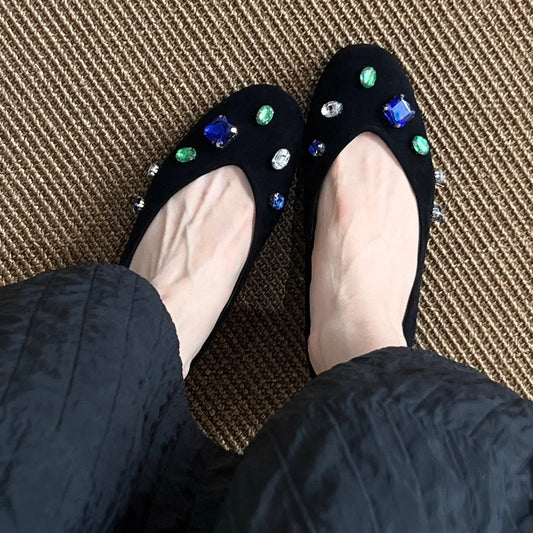 Luxury Colorful Gemstone Flats - Comfortable Round-Toe Suede Loafers for Women