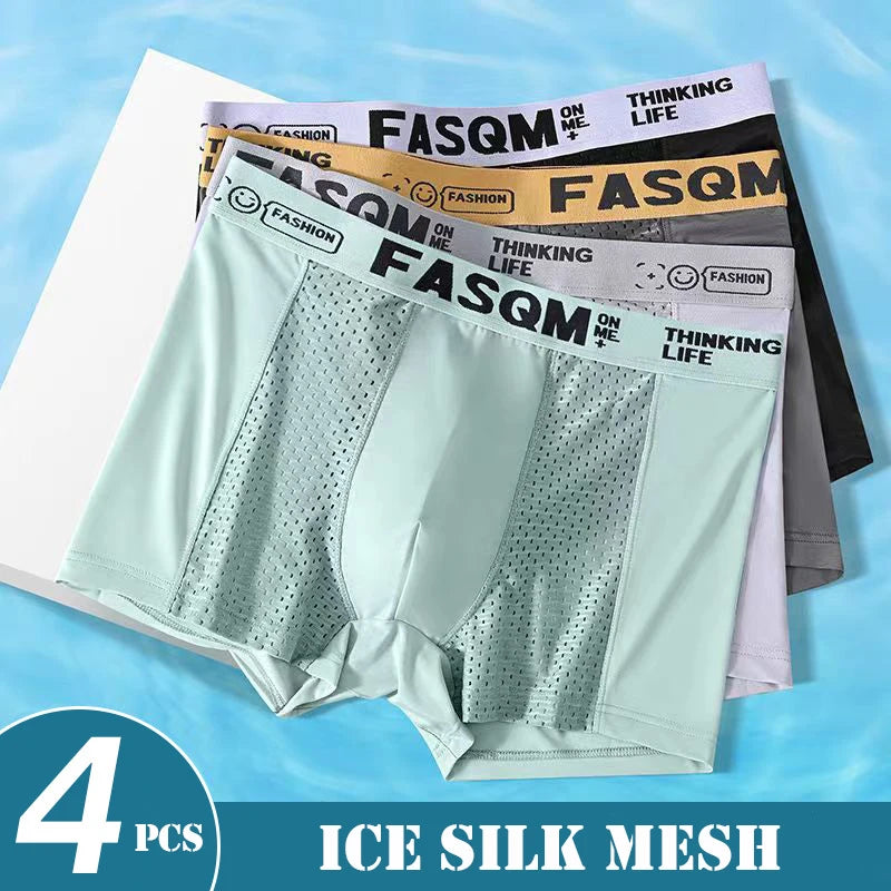 Men’s Mesh Ice Silk Boxer Shorts - 4 Pairs, Breathable Slim Fit Underwear, L–6XL