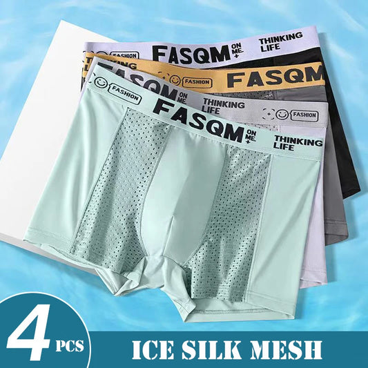 Men’s Mesh Ice Silk Boxer Shorts - 4 Pairs, Breathable Slim Fit Underwear, L–6XL