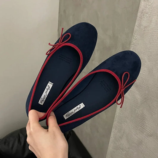 Silver Women’s Slip-On Ballet Flats - Round Toe Shallow Shoes with Butterfly-Knot Detail