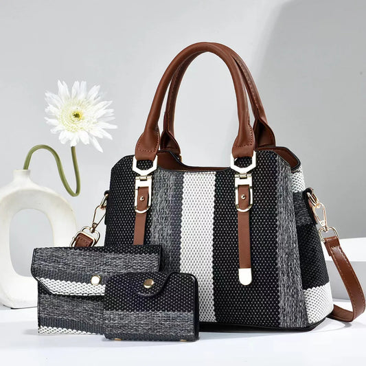 Summer Trio Elegance Set - Striped Tote, Wallet & Crossbody Combo for Women