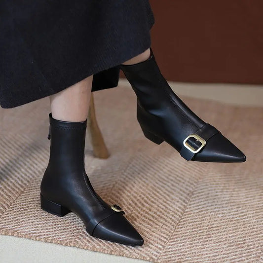 Women’s Black Ankle Boots - Elegant Low Heel Pointed Toe Booties, Designer Luxury Autumn Footwear for Work & Casual Wear