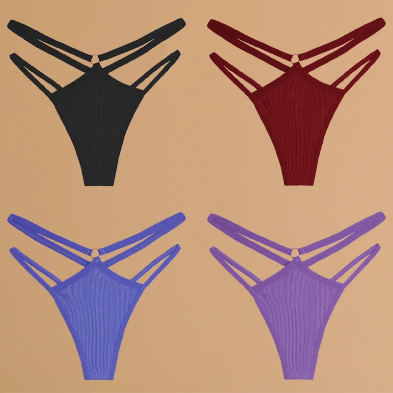 4-Piece Cotton Double-Strap Thong Set - Low-Waist Striped Panties for Women