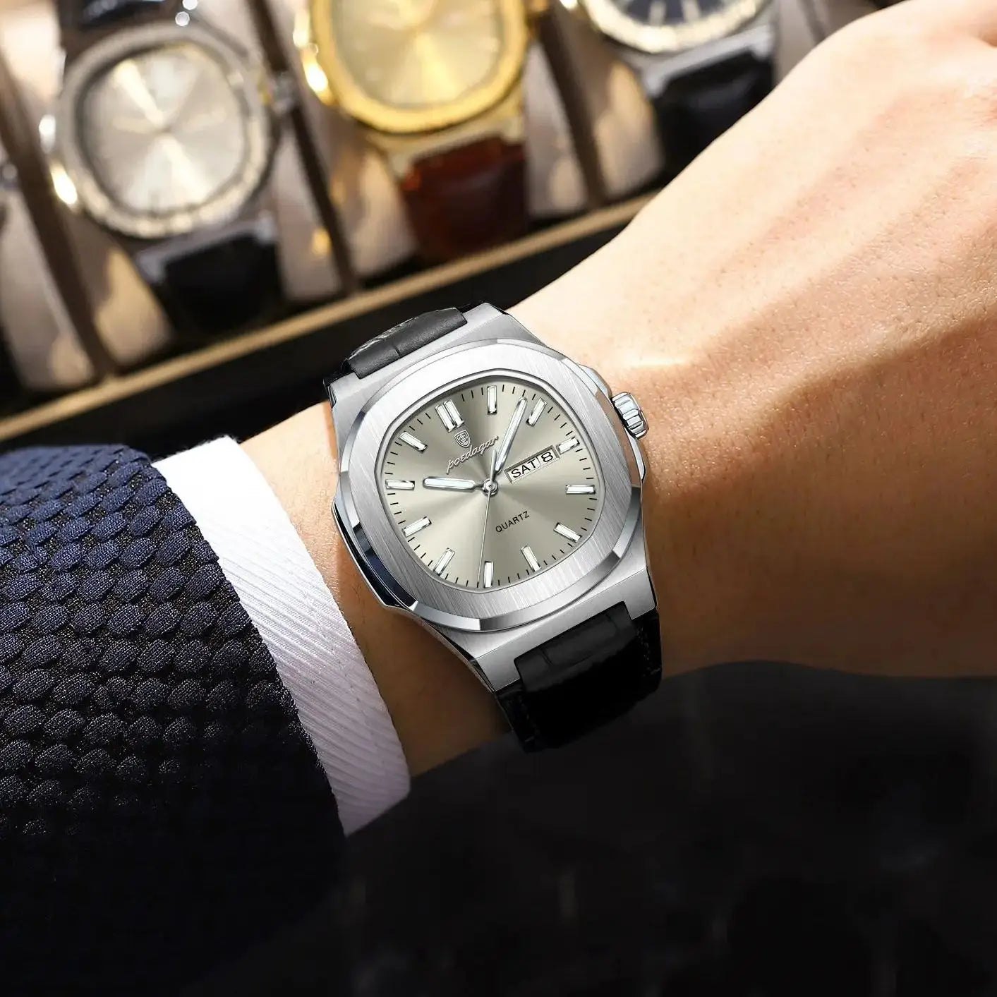 POEDAGAR Men’s Luxury Quartz Watch - Luminous Square Timepiece, Waterproof Week Calendar, Premium Leather Strap