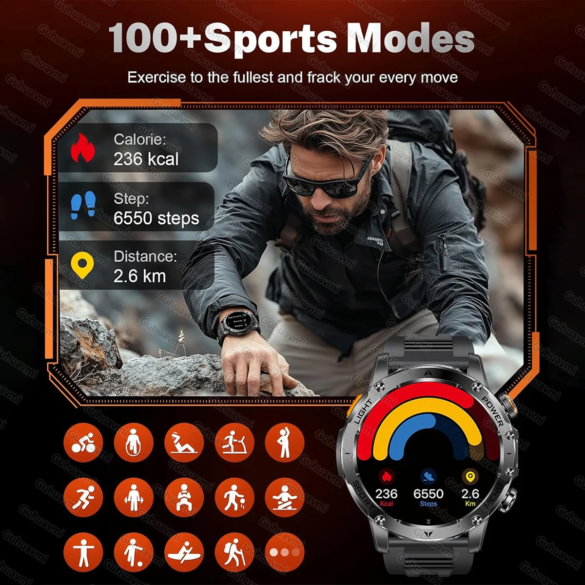 T-Rex 3 Military Smartwatch - 5ATM Waterproof, Heart Rate & Sports Tracker, 1000mAh Battery, Flashlight Feature for Men