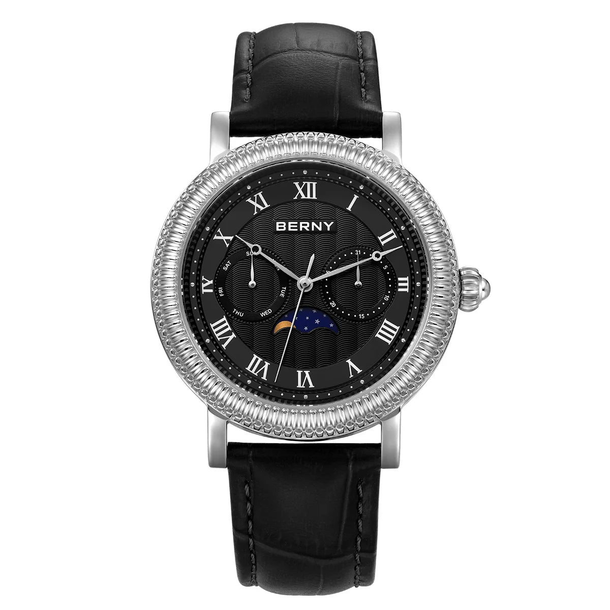 BERNY Men’s Luxury Dress Watch - Gold Quartz Moon Phase Timepiece, Sapphire Crystal, Business & Formal Wristwatch