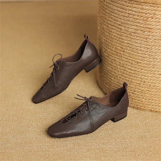 Women’s Genuine Leather Pumps - Square Toe, Low Thick Heels, Lace-Up Office & Casual Shoes
