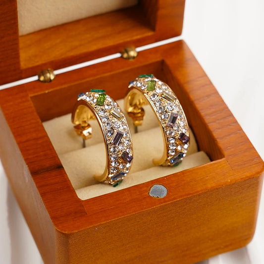 C-Shaped Colorful Zircon Hoop Earrings - Luxury Crystal Geometric Jewelry for Women