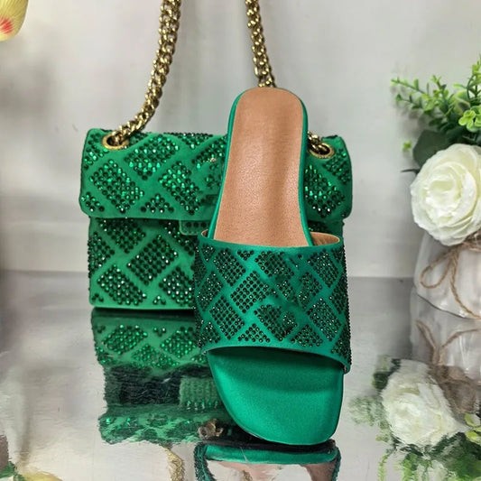 Women’s Rhinestone Flat Slippers - Peep Toe Square Toe Slip-On Sandals with Metal Decoration