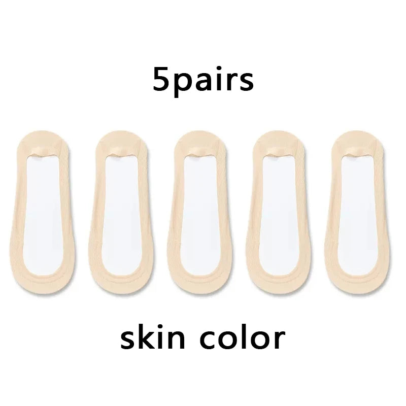 Women’s Non-Slip Invisible Ice Silk Socks – 5 Pairs, Seamless Low-Cut Boat Socks, Summer Breathable