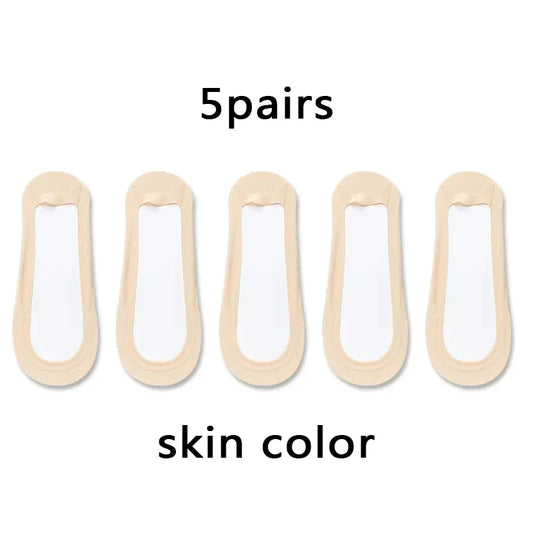 Women’s Non-Slip Invisible Ice Silk Socks – 5 Pairs, Seamless Low-Cut Boat Socks, Summer Breathable