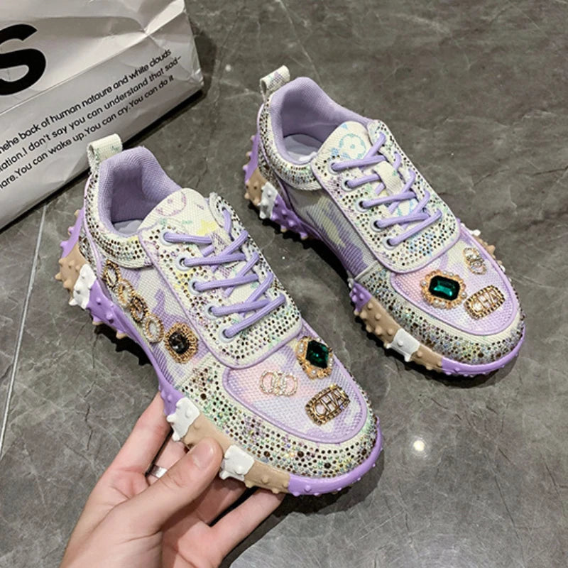 Luxury Rhinestone Sneakers - Casual Outdoor Platform Running Shoes, Designer Mesh Sports Shoes for Women
