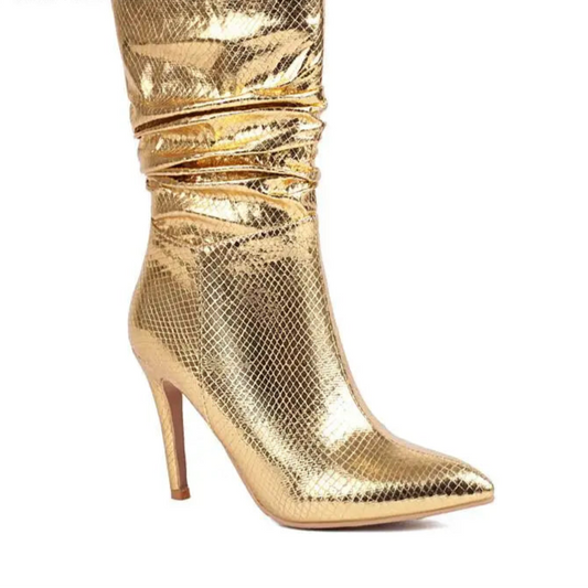 Luxury Women’s Silver Metallic Platform Boots - Glitter Stiletto High Heels, Pointed Toe Designer Shoes