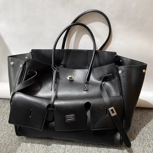 Velvara EliteLock Tote - Premium Leather & Suede Winged Shoulder Bag with Metallic Lock Accents