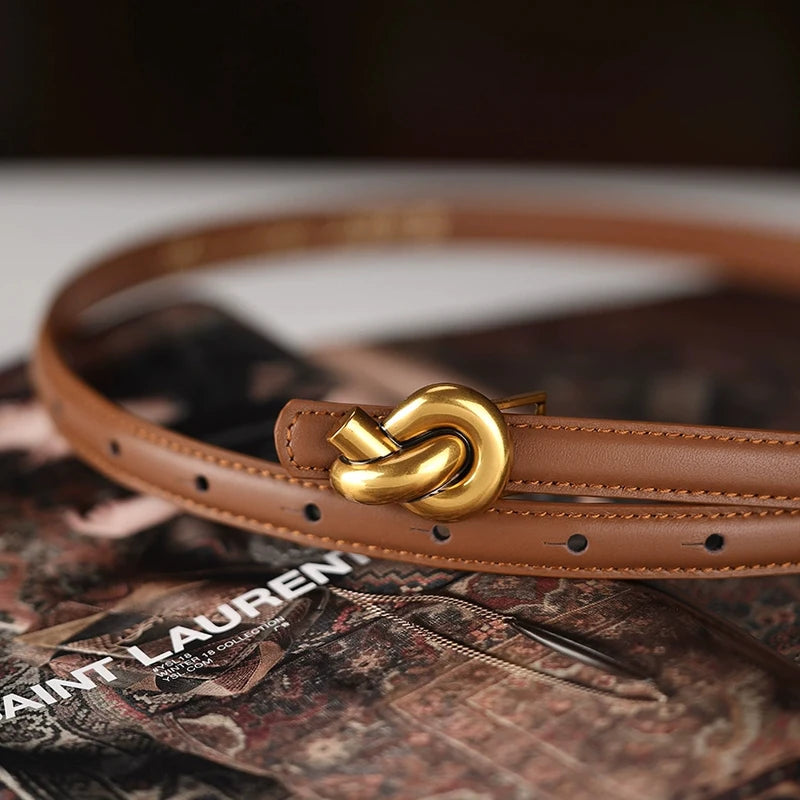 Women’s Premium Leather Belt - Elegant Metal Knot Buckle, Perfect for Dresses & Jeans
