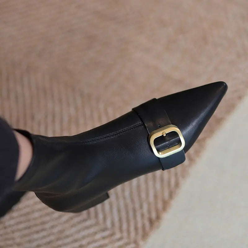 Women’s Black Ankle Boots - Elegant Low Heel Pointed Toe Booties, Designer Luxury Autumn Footwear for Work & Casual Wear