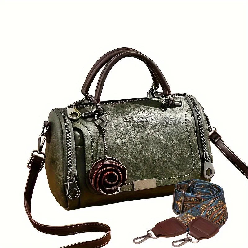 Heritage Bloom - Vintage Style PU Leather Boston Satchel