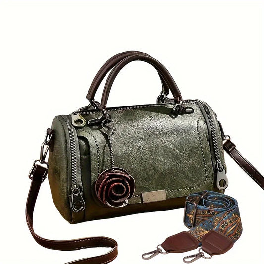 Heritage Bloom - Vintage Style PU Leather Boston Satchel