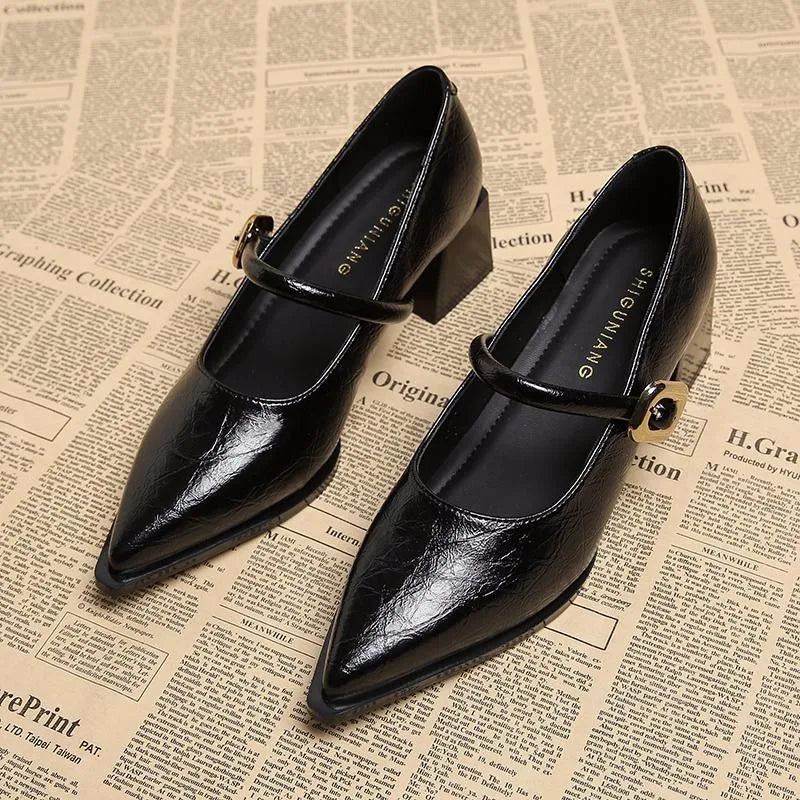 Retro Belt Buckle Leather Shoes for Women - Pointed Toe, Mid-Length, Comfortable Slip-On Flats