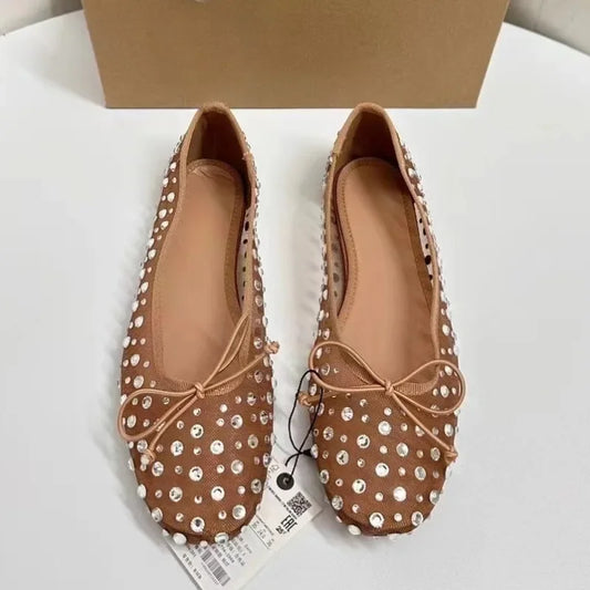 Luxury Rhinestone Ballet Flats - Breathable Mesh Shoes with Bling Bowtie