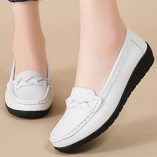 Soft Leather Loafers - Casual Slip-On Flats, White Comfortable Footwear