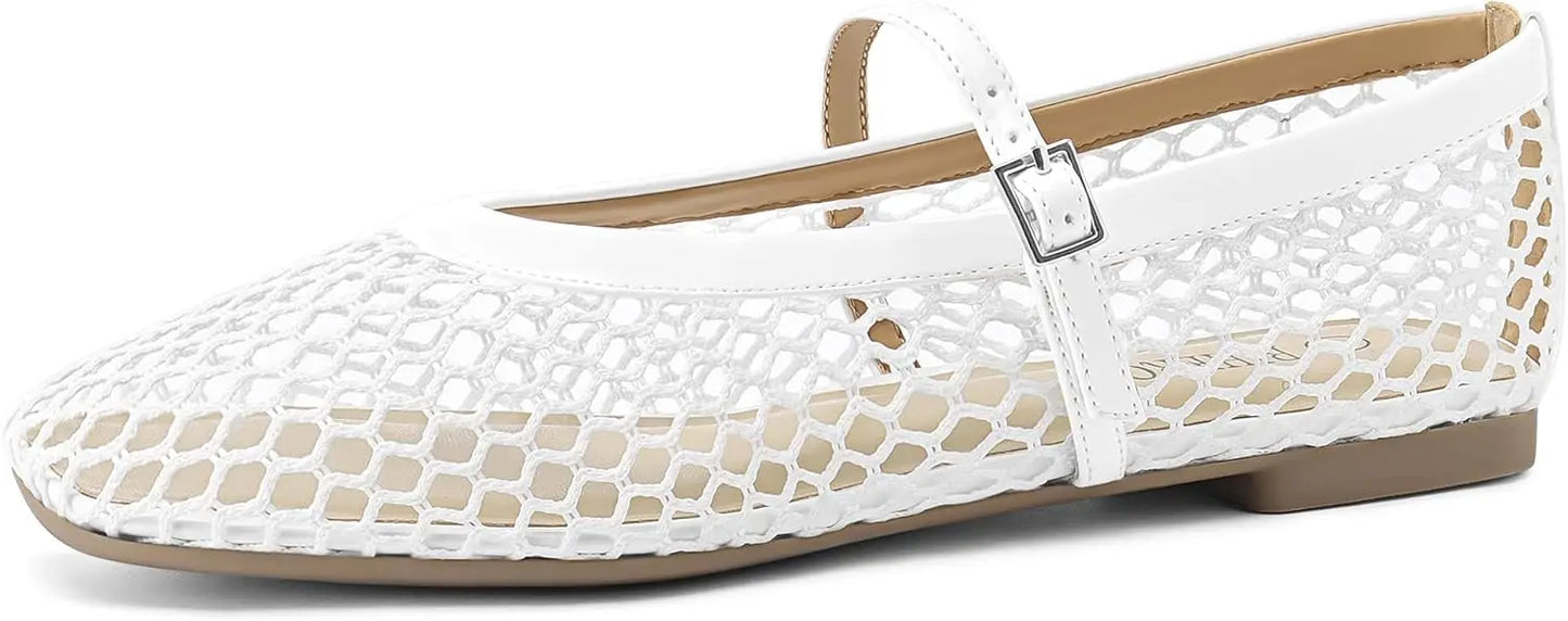 Women’s Mesh Ballet Flats - Comfortable Square-Toe Ballerinas with Buckle Strap