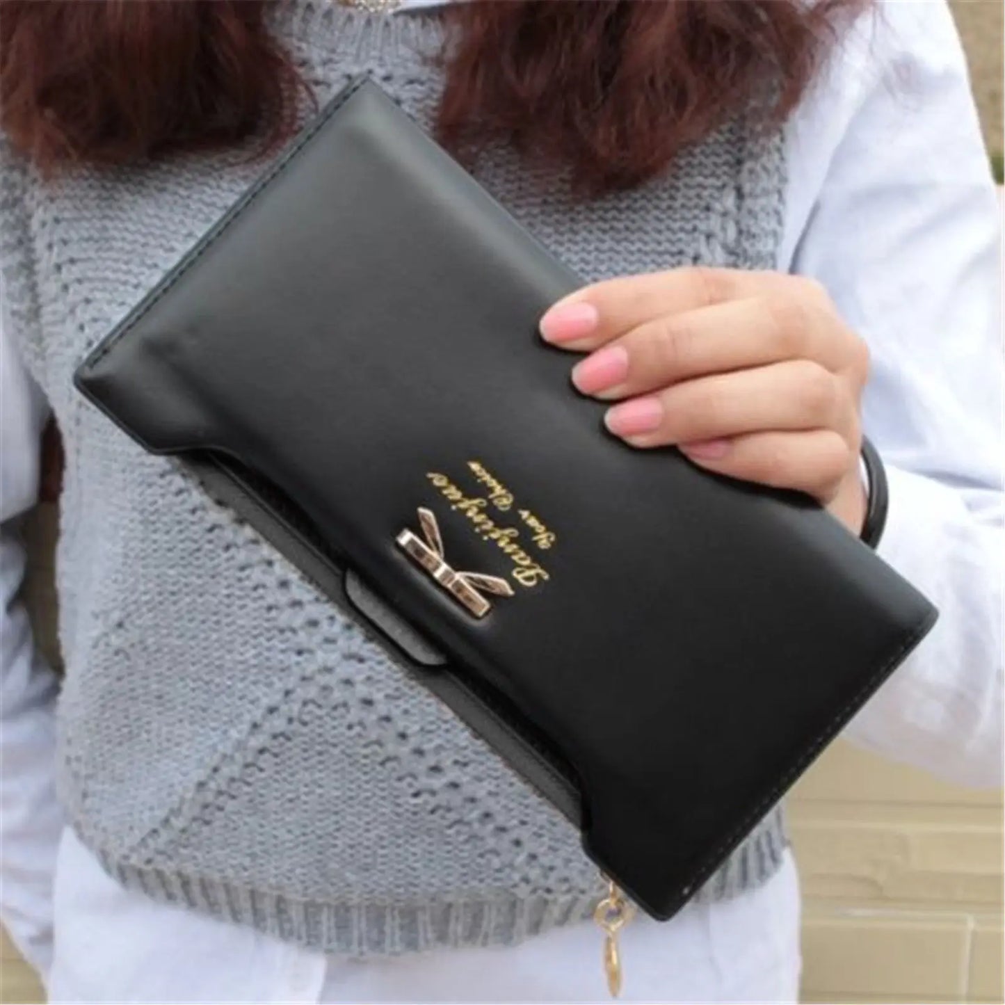 Cute Bowknot Long Wallet - PU Leather Zipper Clutch with Multi-Card Slots & Phone Pocket