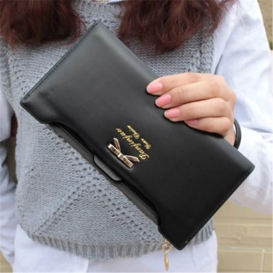 Cute Bowknot Long Wallet - PU Leather Zipper Clutch with Multi-Card Slots & Phone Pocket