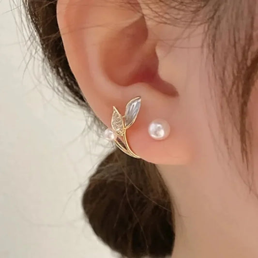 Korean Vintage Pearl & Crystal Earrings - Luxury Zircon Flower, Butterfly & Leaf Studs for Women
