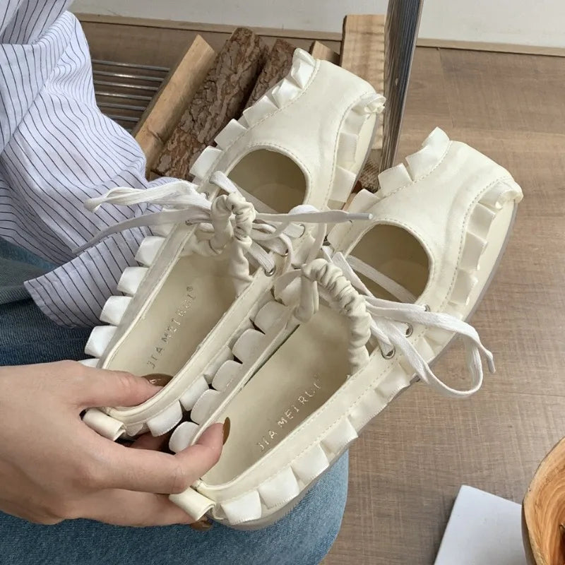 Designer Sporty Ballet Flats – Lace-Up Shallow Square-Toe Leisure Shoes for Women