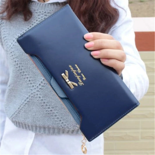 Cute Bowknot Long Wallet - PU Leather Zipper Clutch with Multi-Card Slots & Phone Pocket