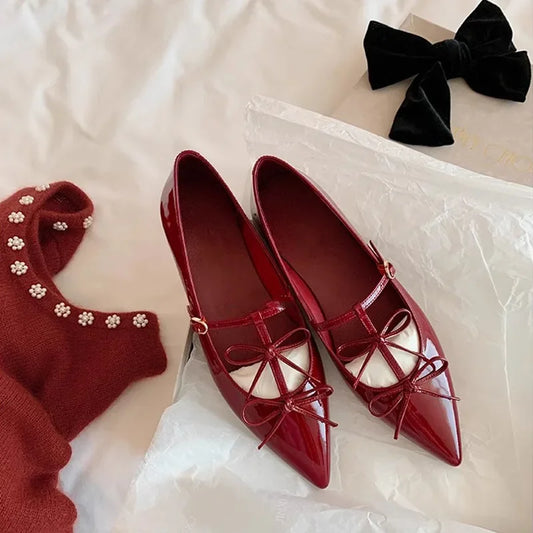 Women’s T-Strap Pointed Toe Flats - Elegant PU Leather Mary Jane Shoes with Bowtie Buckle