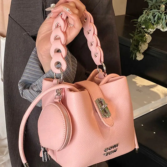 Velora Soft PU Lock Bucket Bag - Chic Shoulder & Crossbody Handbag