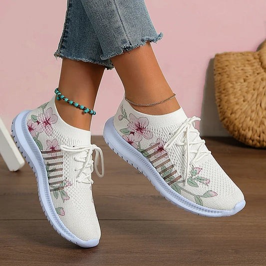 Fashion Printed Breathable Sneakers - Thick-Soled Knitted Slip-On Walking Shoes for Women