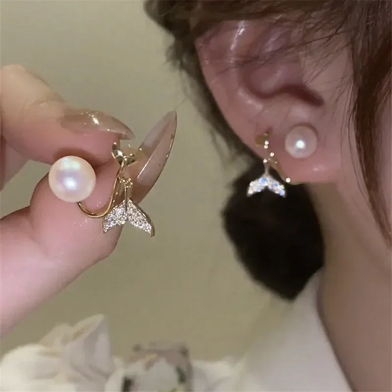 Korean Vintage Pearl & Crystal Earrings - Luxury Zircon Flower, Butterfly & Leaf Studs for Women