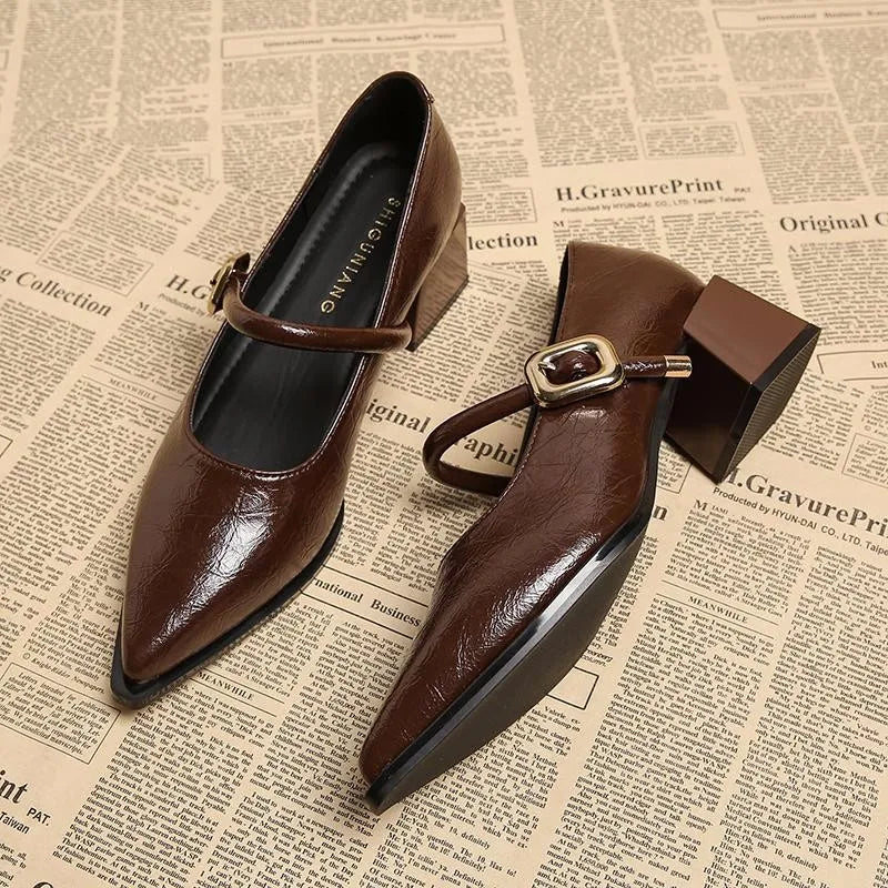 Retro Belt Buckle Leather Shoes for Women - Pointed Toe, Mid-Length, Comfortable Slip-On Flats