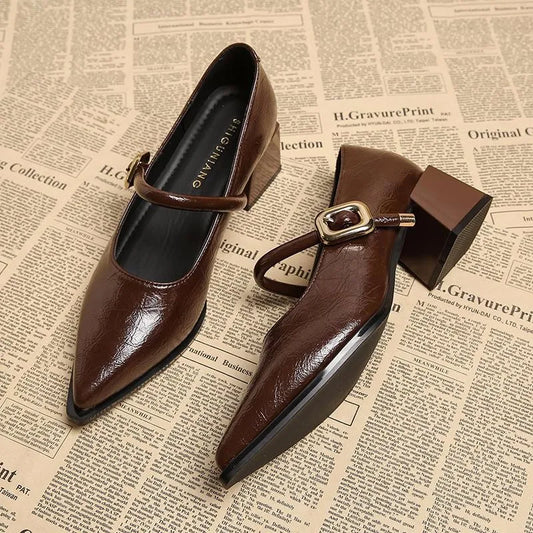 Retro Belt Buckle Leather Shoes for Women - Pointed Toe, Mid-Length, Comfortable Slip-On Flats