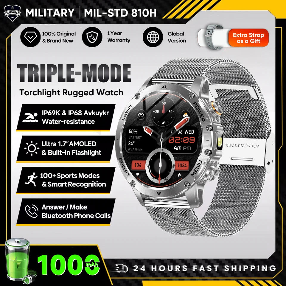 T-Rex 3 Military Smartwatch - 5ATM Waterproof, Heart Rate & Sports Tracker, 1000mAh Battery, Flashlight Feature for Men