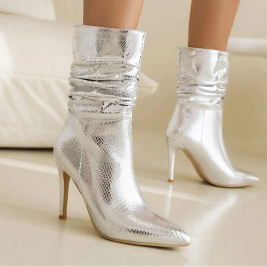Luxury Women’s Silver Metallic Platform Boots - Glitter Stiletto High Heels, Pointed Toe Designer Shoes